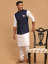 Men's Navy Blue Solid Cotton Nehru Jacket With White Kurta And Pyjama Set